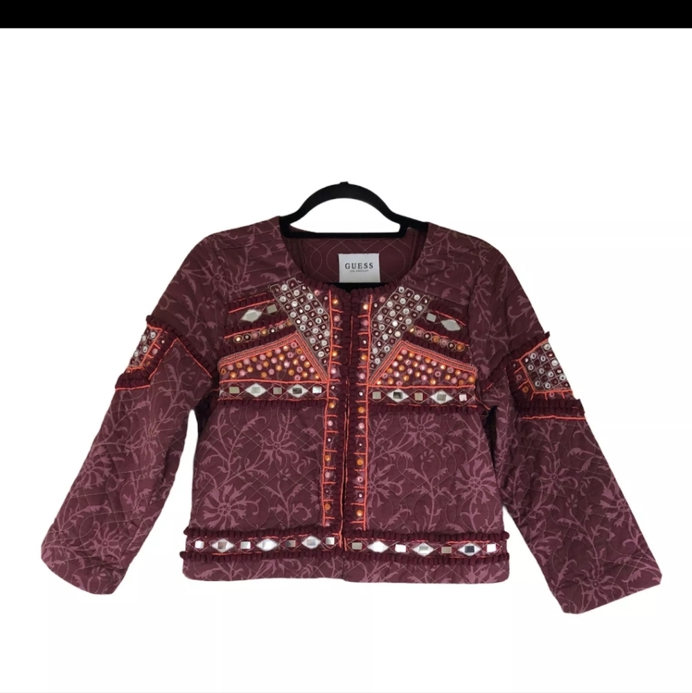 Guess Liberty EmbroideredJacket Quilted Mirrored Beaded3/4 Sleeves Boho LARGE